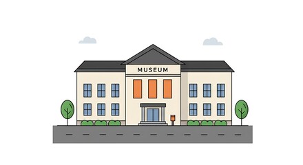 A clean, simple illustration of a museum building with trees and a street in front