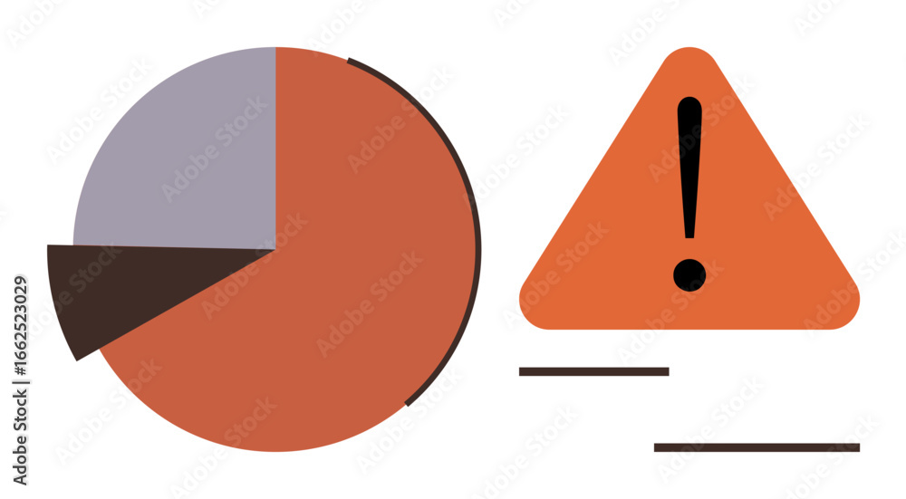 Poster pie chart with red highlight and triangular warning sign with exclamation mark. ideal for analytics,