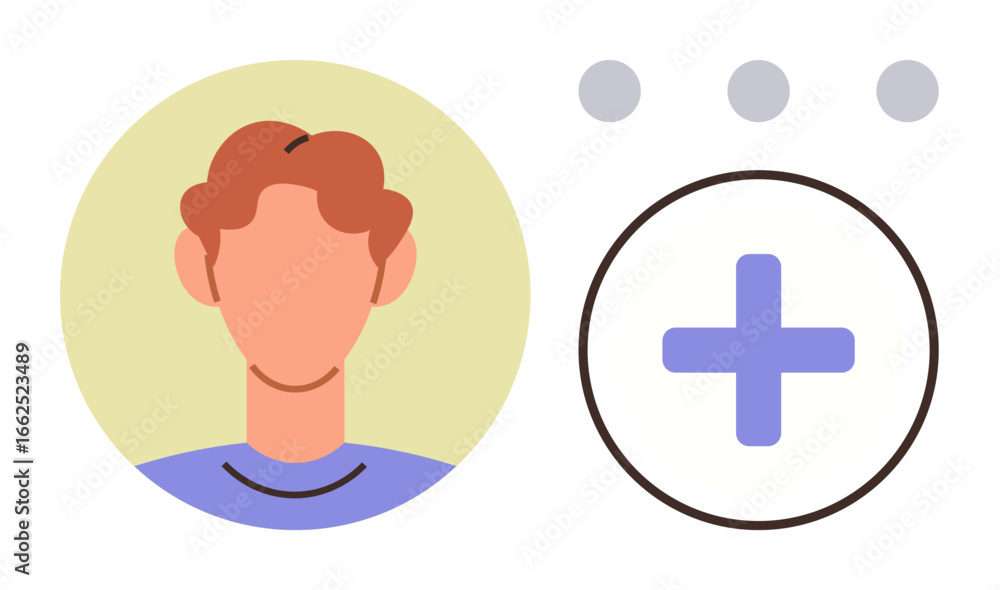 Poster circular profile image of a person with red hair alongside a large plus button, indicating add or cr