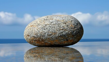 Oval stone resting on reflective surface, ocean and sky in background