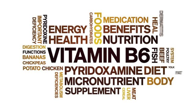 Vitamin B6 animated word cloud-text design animation tag kinetic typography seamless loop.