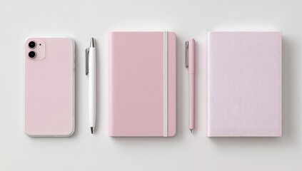 Pink smartphone, notebooks, and pens on white background