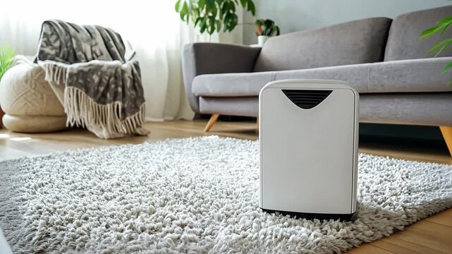 A modern air purifier stands on a plush white rug in a cozy living room. A gray sofa and a plant are visible in the background, creating a clean and inviting atmosphere.