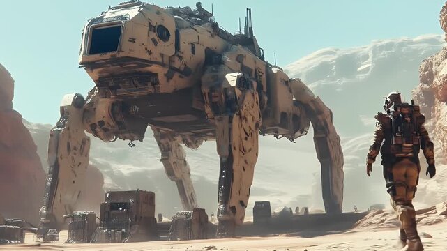 Human colony on Mars habitat simulation. Futuristic exploration in a desert with a giant mech and ruins
