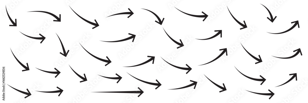 Poster hand drawn line arrows icons set collection. arrow vector elements hand drawn arrows brush stroke cu