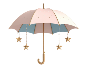A pastel-colored decorative umbrella that opens with hanging stars.