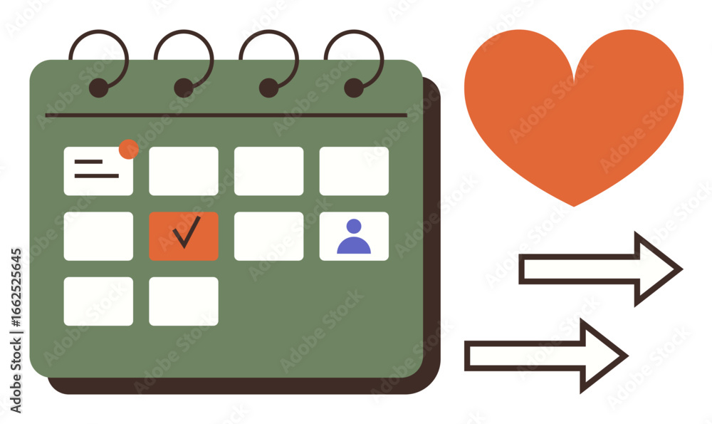 Poster calendar with marked dates, heart representing affection, and arrows showcasing forward action. idea