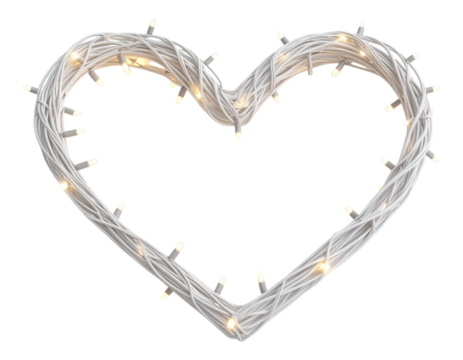 A 3D heart-shaped string light bundle, tangled softly