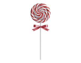 A 3D lollipop swirl prop with glitter ribbon