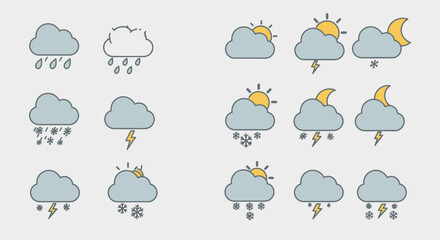Colorful line art weather forecast icon set with clouds, sun, moon, rain, snow, and lightning.