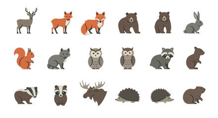 Obraz premium A diverse collection of stylized forest animals in a flat vector art style, featuring a deer, fox, bear, owl, and moose.