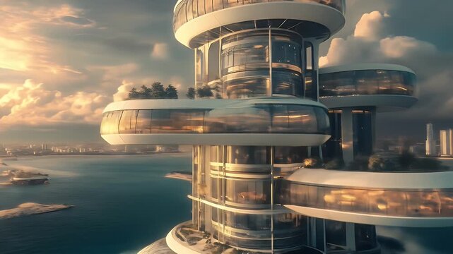 Human colony on Mars habitat simulation. Futuristic architectural marvel overlooking serene waters at sunset for mars research station