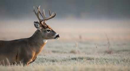 Fototapeta premium Majestic Buck in Golden Light, Profile View, Antlers Against Soft Sky