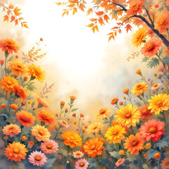 Fototapeta premium A watercolor painting featuring orange and yellow flowers with autumn leaves against a soft background