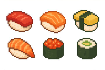 寿司 日本食 和食 ピクセルアート ドット絵 ネタ 握り寿司 軍艦巻き 巻き寿司 刺身 ご飯 グルメ 食べ物 食事 魚介類 和風 定番 伝統 おいしい マクロ サーモン 卵 エビ イクラ かっぱ巻き 
