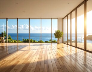 Spacious open-plan living room overlooking ocean