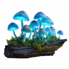 Glowing Blue Mushrooms on a Forest Log - Fantasy