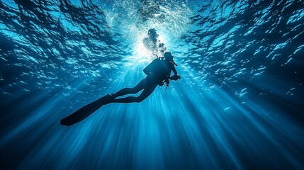 Underwater diver silhouette, sunbeams