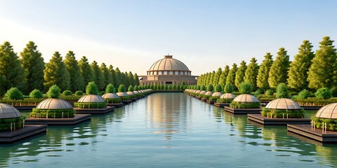 Futuristic Conservatory and Symmetrical Water Gardens