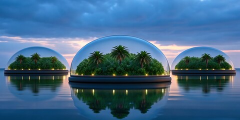 Glass Domes with Lush Islands Floating on Water