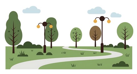 A tranquil public park illustration featuring a winding pathway through a green landscape with trees and lampposts, a concept of urban recreation and leisure