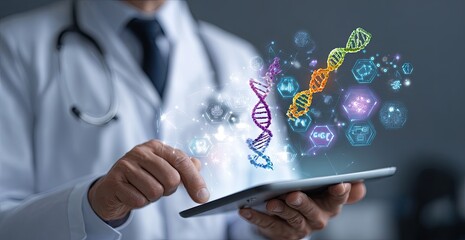Doctor interacting with a digital tablet displaying vibrant DNA imagery and scientific elements