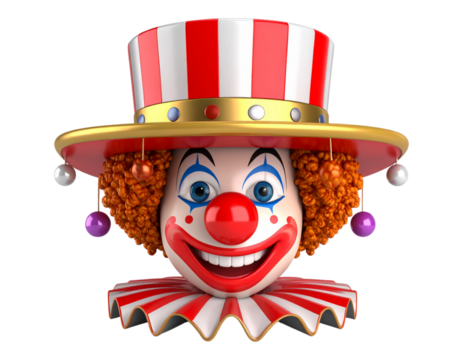 3D toy clown head with rotating hat, glossy plastic, white background.