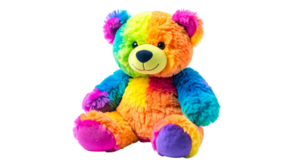 Neon-colored teddy bear with a smiley face