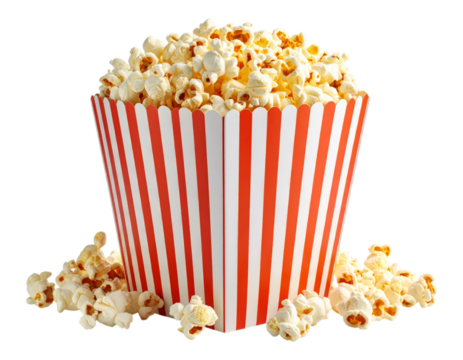 A striped 90s movie theater popcorn box overflowing with popcorn.