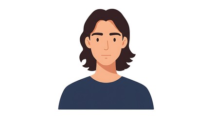 Flat vector illustration of a young man's headshot, a minimalist character portrait with long hair for an avatar or user profile