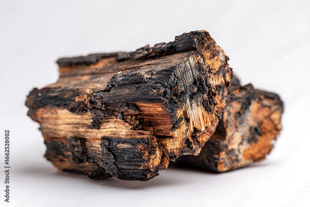 Poster charred and layered wood piece on white background displaying texture and grain