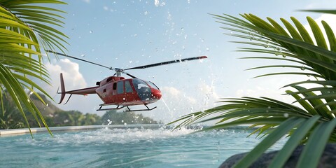Red Helicopter Flying Above Tropical Water