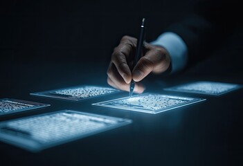 Close-up of hand writing on glowing data panels