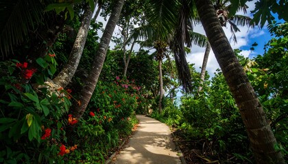 Obraz premium Lush tropical pathway through a dense jungle (1)