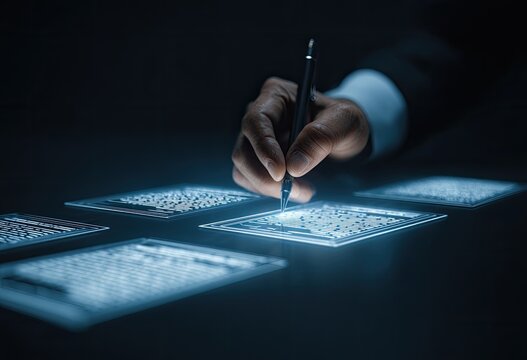 Close-up of hand writing on glowing data panels - Powered by Adobe