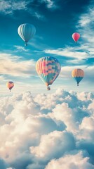 Naklejka premium Aerial view of colorful hot air balloons flying above white fluffy clouds