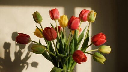 Fototapeta premium Elegant Bouquet of Colorful Tulips Against Beige Background, Symbolizing Simplicity and Natural Beauty