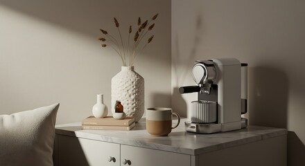Minimalist Coffee Station with Modern Machine, Vase, and Neutral Tones