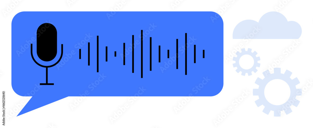 Poster microphone and sound waves in speech bubble, gears and cloud in background. ideal for ai, automation