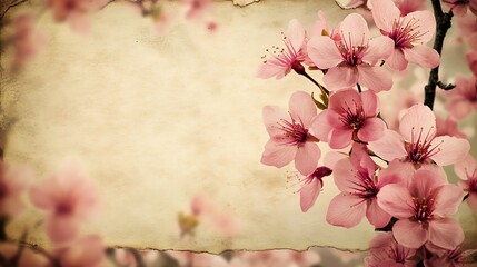 Obraz premium Blossoming Sakura Branch on Vintage Parchment Paper with Floral Accent Border