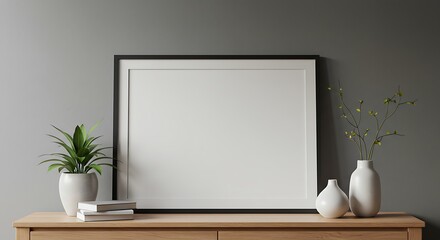 Minimalist Interior Mockup: Black Frame, Green Plant, and White Vases on Wooden Cabinet Against Gray Wall