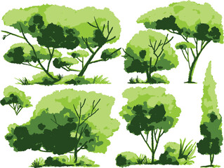 Fototapeta premium A digital illustration featuring a variety of green, hand-drawn trees, shrubs, and bushes. The collection includes wide-canopy trees, a tall cypress, and several smaller bushes, all rendered with a te