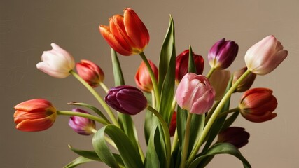 Obraz premium Elegant Bouquet of Colorful Tulips Against Beige Background, Symbolizing Simplicity and Natural Beauty