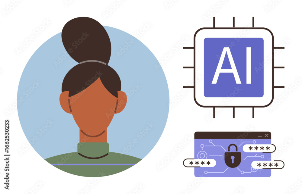 Poster female avatar in profile, ai processor chip, and secure interface with password protection highlight