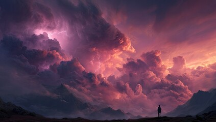 Silhouetted figure confronts a dramatic, vibrant sunset storm over a mountain range