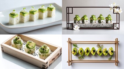 Four close-up shots showcase elegant avocado sushi presentations; two featuring cubed rice topped with avocado and garnish, arranged on rectangular platters, 
