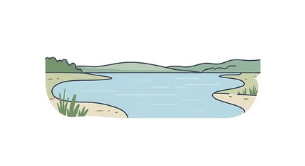 Simple vector graphic of a tranquil river or lake scene, embodying the concept of peaceful nature and outdoor serenity