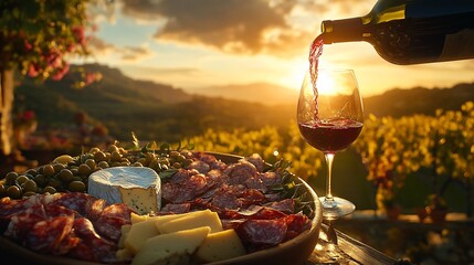 Wine is poured over a charcuterie board with a vineyard and sunset background