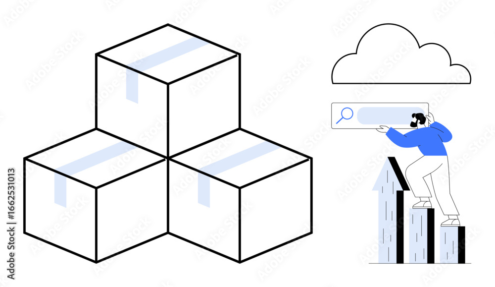 Poster stacked boxes symbolizing data storage, a cloud above, and a person interacting with a search bar at