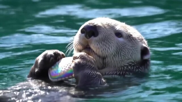 Playful sea otter floating in clear water, holding a colorful shell with a serene background